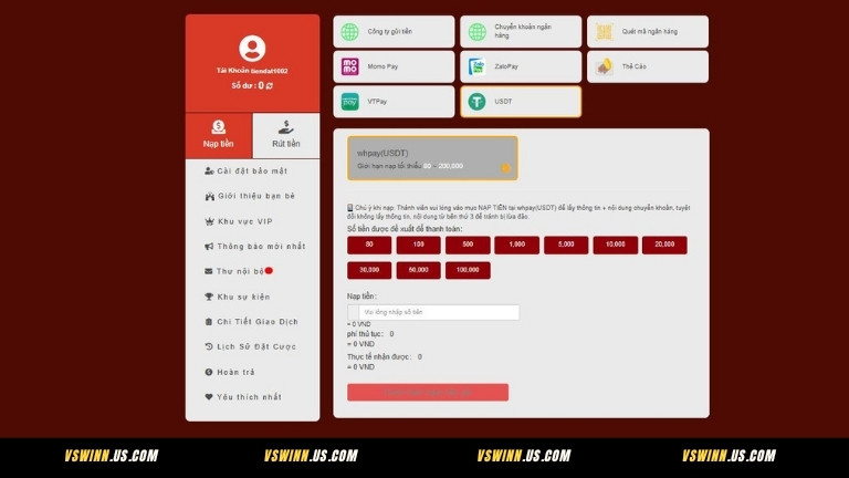 Hướng dẫn nạp tiền VSWIN bằng USDT – Bảo mật cao, phí thấp