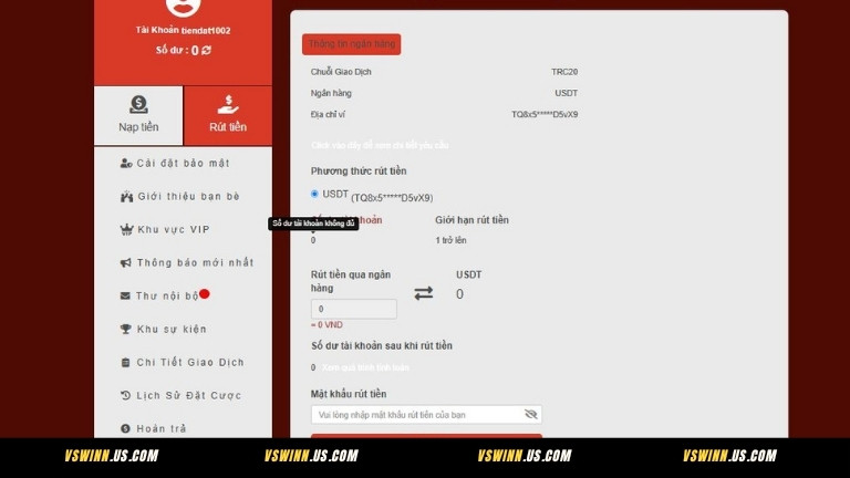 Hướng dẫn rút tiền từ VSWIN qua USDT