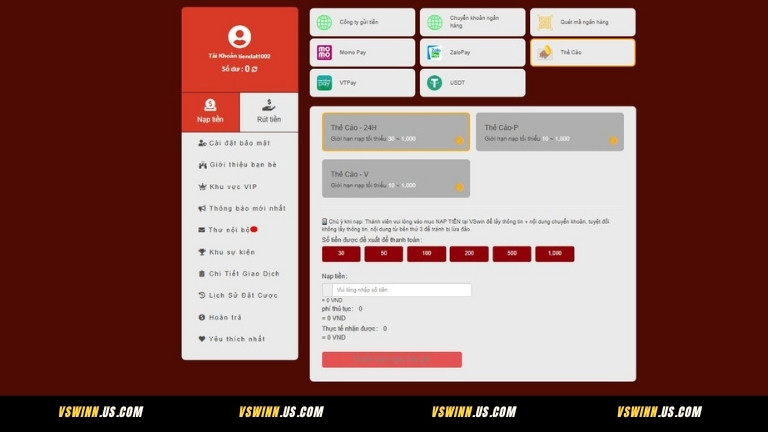 Nạp tiền VSWIN bằng thẻ cào – Dễ dàng, không cần liên kết ngân hàng