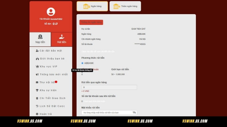 Tạo lệnh rút tiền VSWIN về ngân hàng